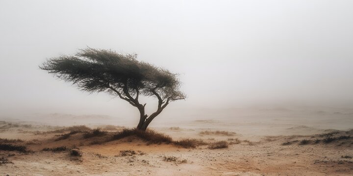 A solitary acacia tree stands on a sandy dune while a heavy sandstorm obscures the background with swirling dust