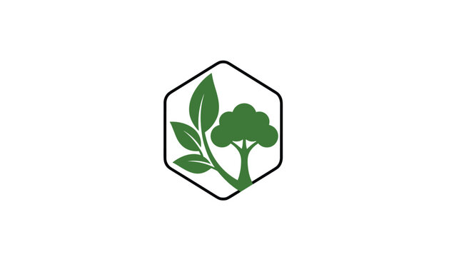 Modern geometric logo design features green leaves and a stylized tree branch enclosed within a black hexagon.