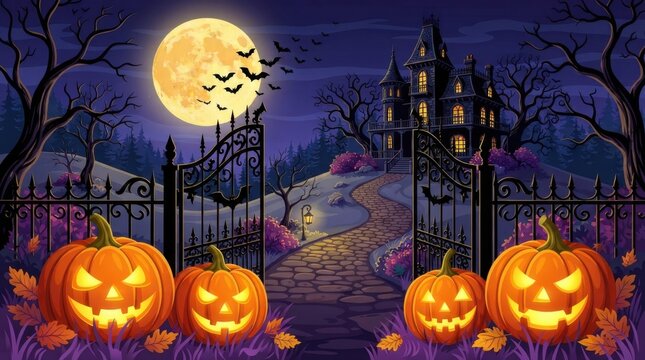 Spooky Haunted House Scene With Halloween Pumpkins