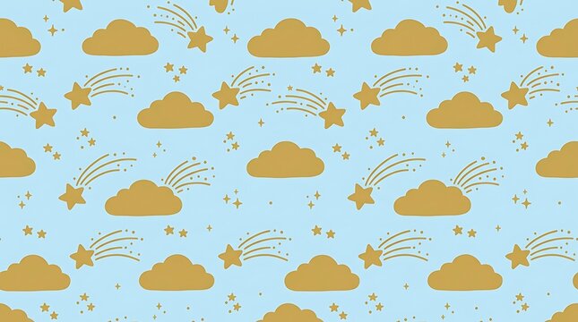 Whimsical gold cloud and shooting star pattern on blue background