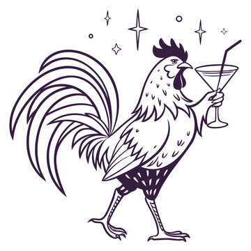 Rooster holding a cocktail glass with a straw