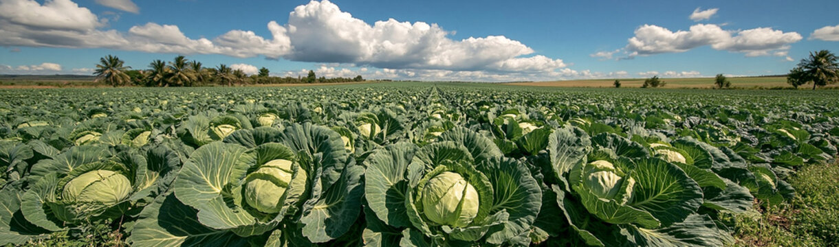 Vast Cabbage Patch: A panoramic view of a sprawling cabbage field under a vast sky with fluffy white clouds, showcasing the abundance of fresh, green produce ready for harvest.