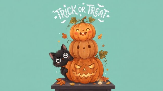 Cute Trick Or Treat Stacked Pumpkins With Cat