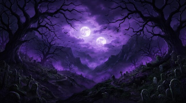 Spooky Night Graveyard Landscape With Purple Moon