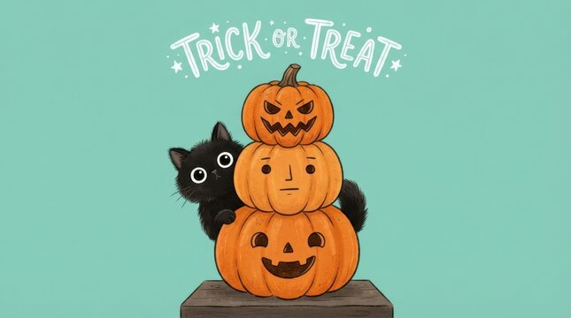 Cartoon Stacked Pumpkins With Cute Black Cat Illustration