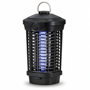 High resolution photo of an electric mosquito bug zapper lamp isolated on a white background suitable for pest control advertising outdoor patio blogs and home health marketing.
