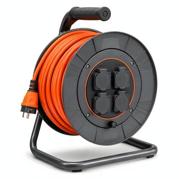 Heavy duty extension cord cable reel drum with orange wire and four outlets isolated on white. Ideal for construction tool suppliers, electrical equipment ads, and job site manuals.