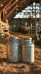 Obraz premium Rustic Milk Cans in Barn: Two vintage metal milk cans stand proudly on the straw-covered floor of a sun-drenched barn, evoking a sense of nostalgic farm life and traditional dairy production.