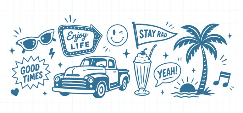 Blue Hand Drawn Retro Vintage Summer Vibes Doodle Sticker Set on Grid Background