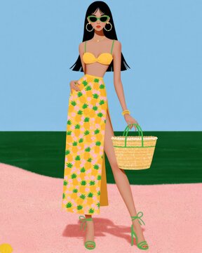 Fashion illustration with tropical print skirt and straw tote bag