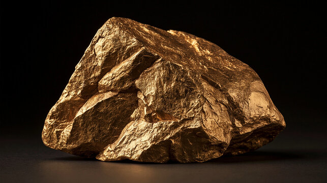 Raw Gold Nugget: A substantial, unrefined gold nugget with a rich, textured surface and lustrous sheen, presented against a dark, dramatic background, symbolizing wealth and value.