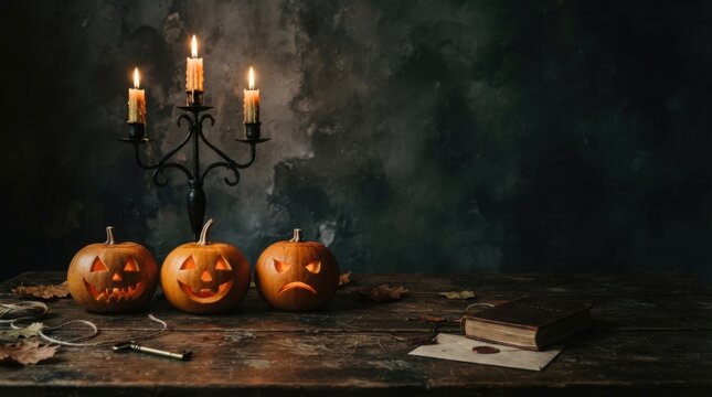 Dark Moody Halloween Setup With Candles And Pumpkins