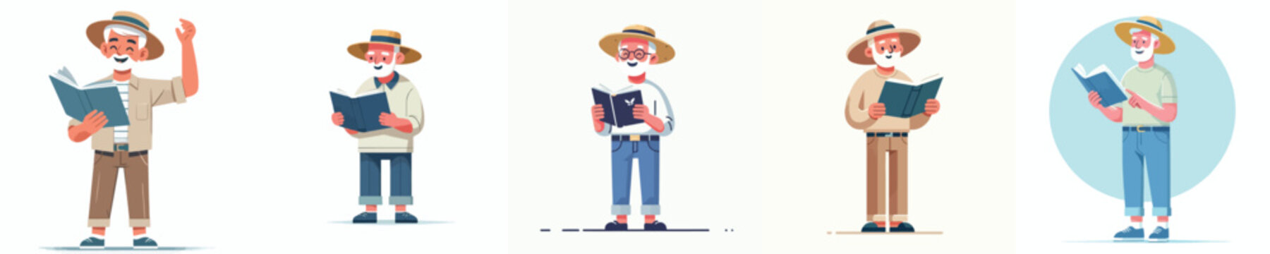 flat vector of a grandpa standing reading a book in summer