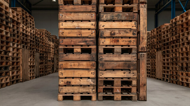 Warehouse Stacks: Wooden pallets are neatly stacked in a dimly lit warehouse, awaiting transport or storage.