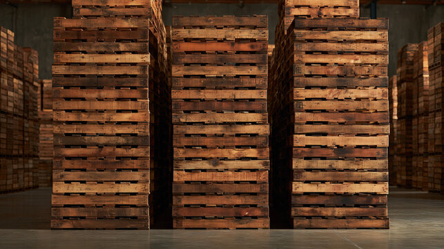 Warehouse Storage Pallets: Tall stacks of weathered wooden pallets stand in organized rows within a dimly lit warehouse, hinting at industrial logistics and storage.