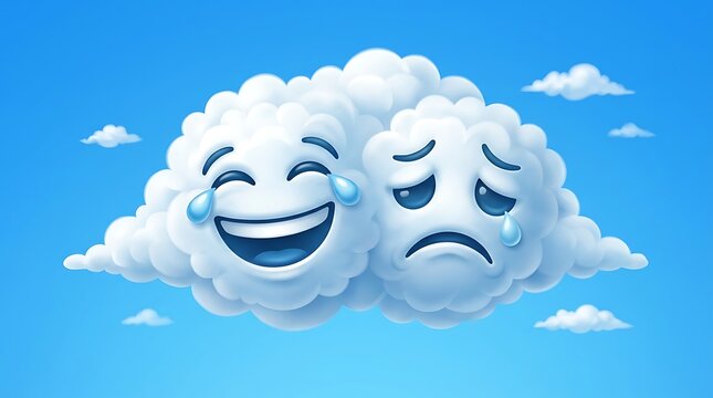 Happy and sad cloud characters against a bright blue sky