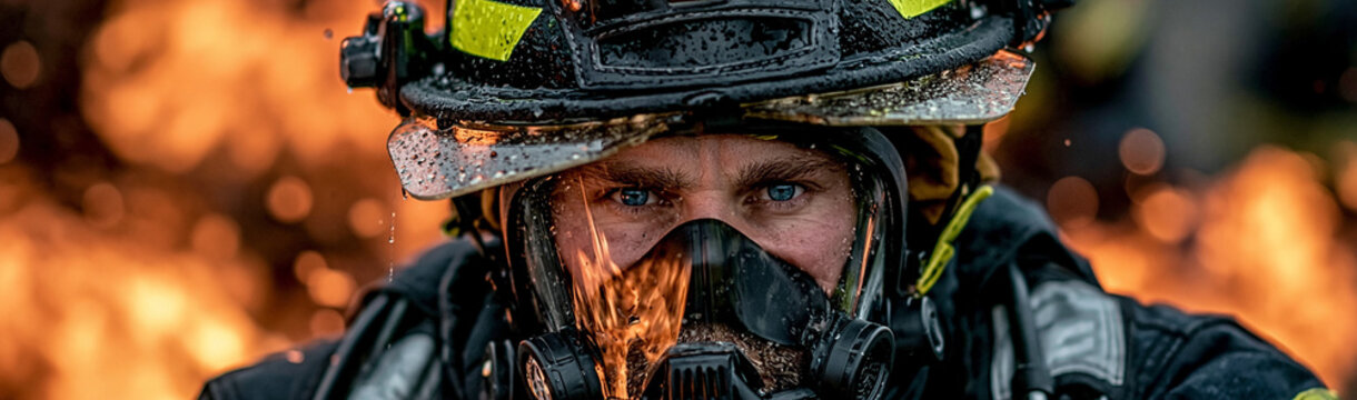 Hero Amidst Flames: A close-up portrait of a determined firefighter wearing protective gear and a mask, with intense flames and heat radiating in the background.