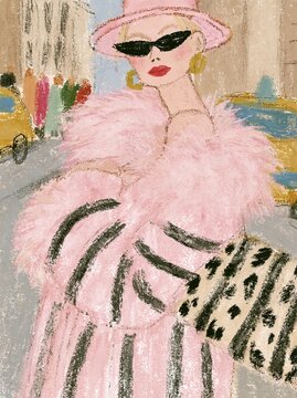 Fashion illustration of woman in pink feather stole and sunglasses