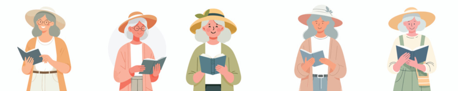 flat vector half body of a grandma reading a book in summer