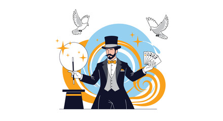 Obraz premium Professional magician in top hat performing card tricks and summoning white doves during a magical stage performance.