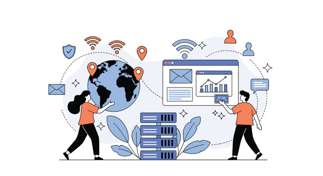 Data engineers managing global server networks and data charts on a database interface with a blue earth globe.