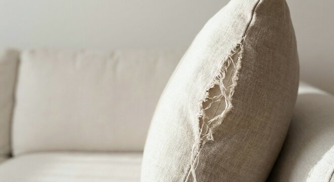 Close-up view of a torn beige linen pillow with frayed seam sitting on a comfortable modern sofa