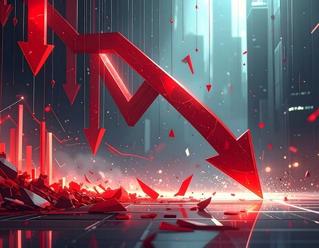 Red arrow graph falling down with shattered pieces