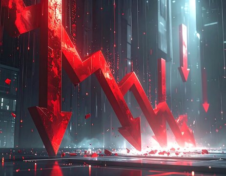 Red downward trending graph arrows in abstract city background
