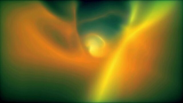 Abstract swirling patterns of vibrant orange and yellow light against a dark green background, creating a dynamic and energetic visual effect.