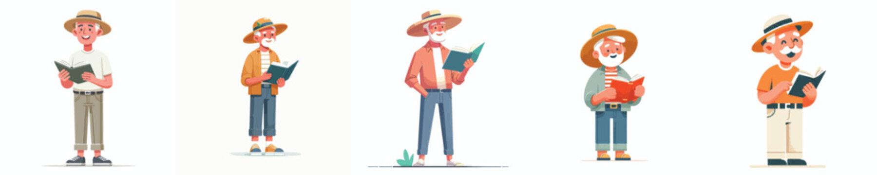 flat vector of a grandpa standing reading a book in summer