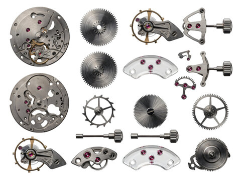Collection of mechanical bicycle gear parts and components in isolated transparent background