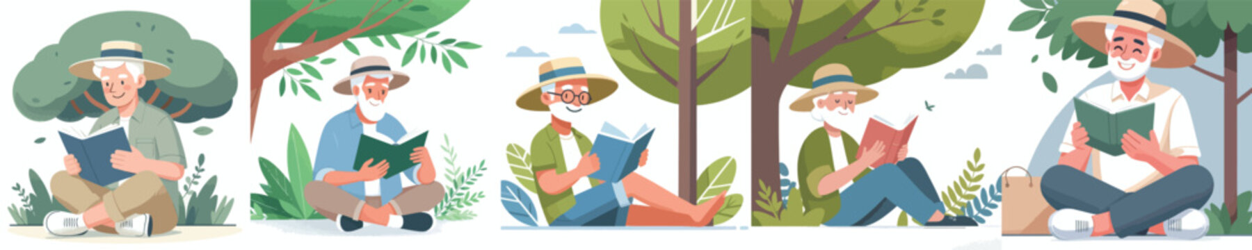 Flat vector illustration of a grandpa sitting under a tree reading a book in summer