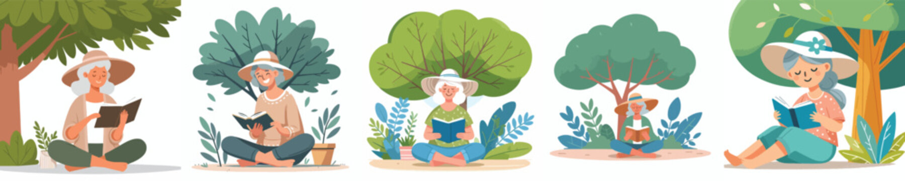 Flat vector illustration of a grandma sitting under a tree reading a book in summer