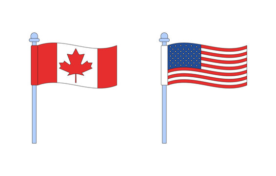 Canada and United States flags 2D cartoon clip art set. Stars and stripes. Maple leaf. North American countries flagpoles isolated flat vector elements on white background. Spot illustration pack
