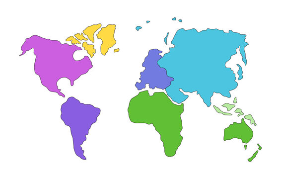 World continents map 2D vector illustration. Global education. America and Europe boundaries. Asia and Africa silhouettes. Geographic landmass flat object isolated on white. Colorful cartoon image
