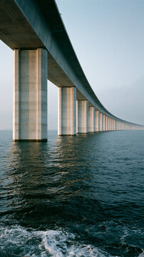 Endless Span: A monumental bridge stretches across the ocean, its concrete pillars rising majestically from the deep blue water under a clear sky, conveying a sense of vastness and engineered wonder.
