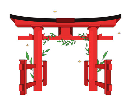 Traditional Japanese torii gate 2D vector illustration. Shinto shrine entrance. Cultural heritage. Historical landmark. Asian architecture flat object isolated on white. Colorful cartoon image
