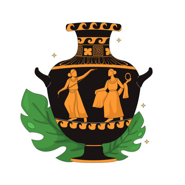 Ancient Greek amphora ceramic vase 2D vector illustration. Classical pottery with mythological motifs. Historical artifact hydria flat object isolated on white background. Colorful cartoon image