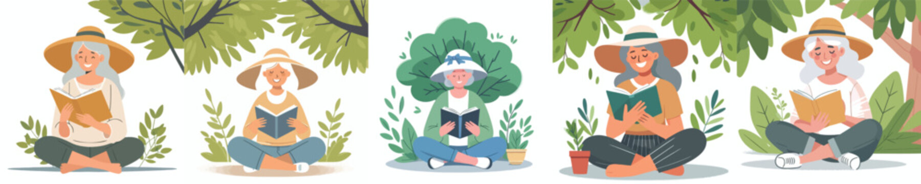 Flat vector illustration of a grandma sitting under a tree reading a book in summer