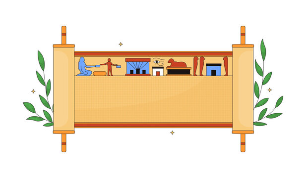 Ancient Egyptian papyrus scroll with hieroglyphic symbols 2D vector illustration. Historical parchment document. Manuscript artifact flat object isolated on white background. Colorful cartoon image