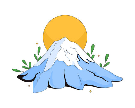 Sunrise over Fuji mountain 2D vector illustration. Japanese iconic natural landmark. Snow-covered summit with stratovolcano flat object isolated on white background. Colorful cartoon image