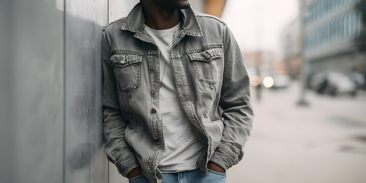 A bearded man leans casually against a grey concrete wall in an urban setting while wearing a grey jacket and light blue jeans.
