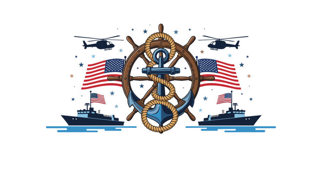 Patriotic American navy maritime emblem with a rustic ship steering wheel, blue anchor with rope, and US flags with stars.