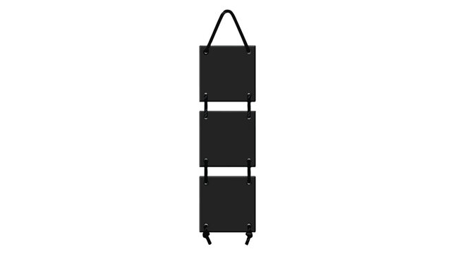 Minimalist black hanging sign vector, three vertical square slate boards on rope, blank dark wooden menu plaque for cafe or restaurant decor