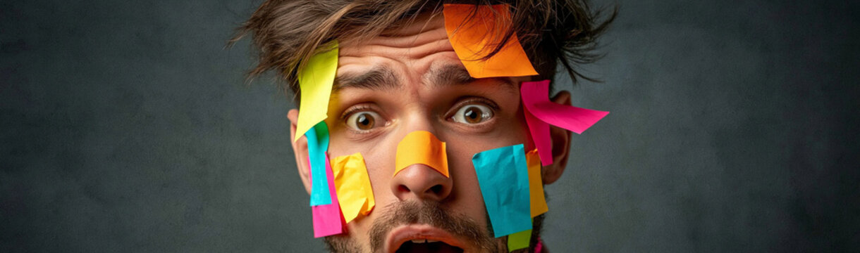 Overwhelmed by Tasks: A man's face is covered in colorful sticky notes, his wide eyes and open mouth conveying a sense of being swamped by an overwhelming workload or to-do list.
