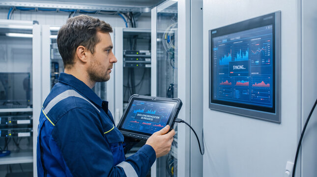 Industrial Engineer Synchronizing Data on HMI Control Panel in Modern Server Room with Digital Monitoring Dashboard