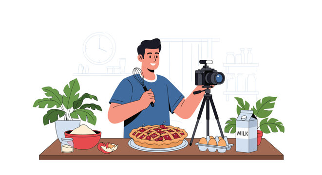 Culinary blogger recording a video recipe for baking a pie using a professional camera on a kitchen tripod.