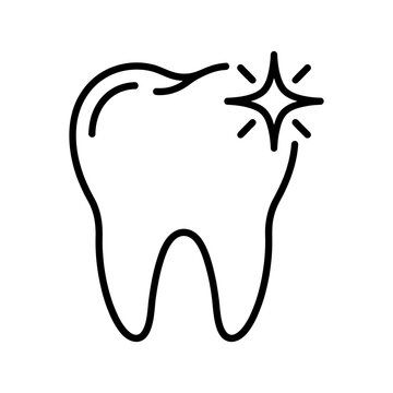 Clean healthy tooth line icon with sparkle symbol representing dental care hygiene and whitening treatment