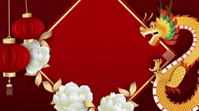 Chinese New Year background with golden dragon and red lanterns, elegant lunar new year frame with white flowers, festive oriental holiday greeting card