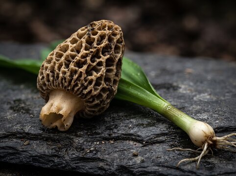 Fresh morel mushroom and wild ramp plant on dark rocky surface with green leaf with mushroom alongside, foragingfood, organicfood, wildharvest